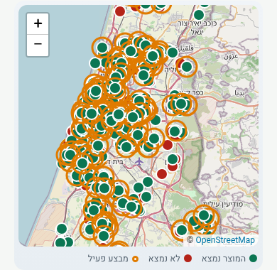 מפת פיזור מוגדלת של גוש דן: סניפים מסומנים ירוק, אדום וכתום לפי נוכחות המוצר ומבצע